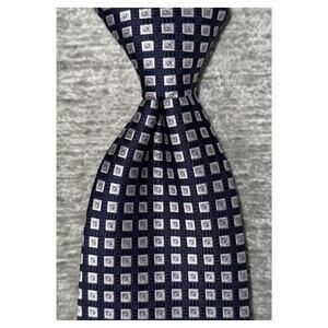 Vintage Savile Row 100% Silk Tie Navy Silver Geometric Squares 4" Wide